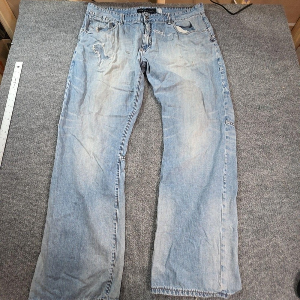 Rocawear Jeans Mens 42x30 Blue Light Wash Classic Fit Straight Distressed Denim
